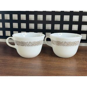 Pair Vintage Pyrex Woodland Brown Floral White Milk Glass Mugs Coffee Tea Cups